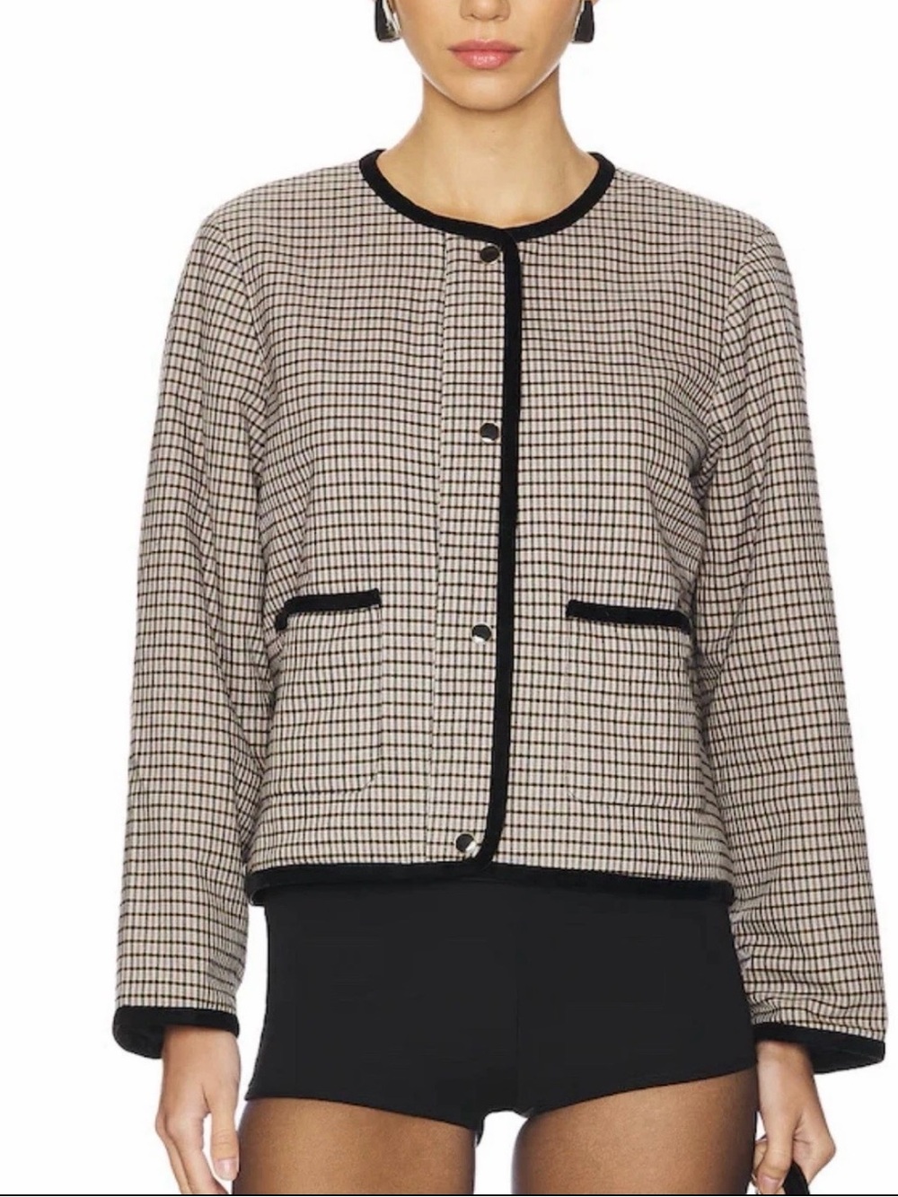 JOIE Women's Lined Zip Front Cardigan Jacket Mini Check Velvet Trim SzM NWT/0394
